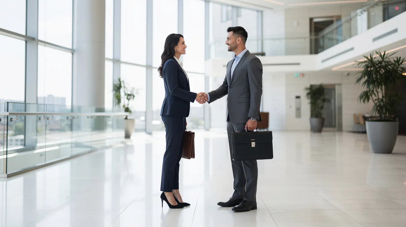 A professional and a business partner shake hands in a bright, modern office lobby, symbolizing the start of a strategic partnership that could enhance their sales efforts and drive business growth. The welcoming atmosphere suggests a focus on collaboration and successful sales strategies.