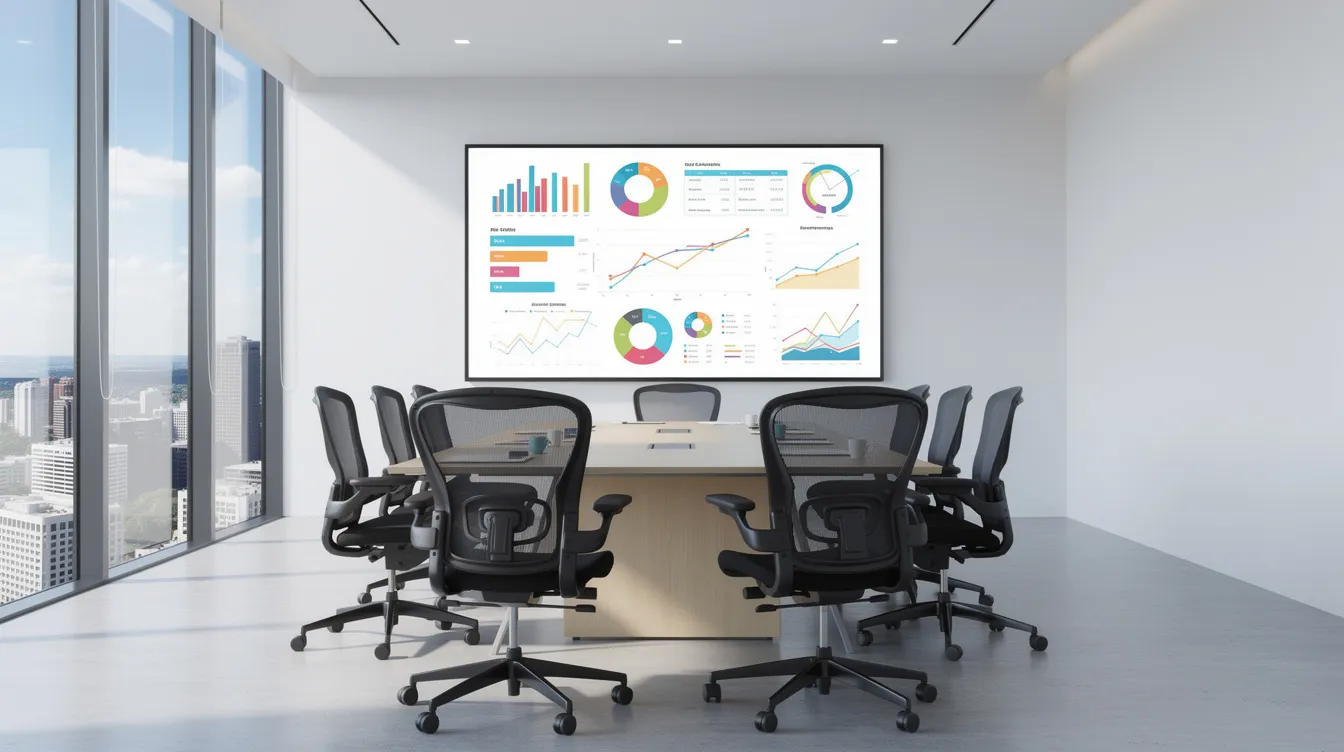 The image depicts a modern conference room featuring a large screen displaying various charts, surrounded by several chairs arranged around a sleek table. Natural light floods the space through floor-to-ceiling windows, creating an inviting atmosphere for discussions on appointment setting strategies and sales processes.
