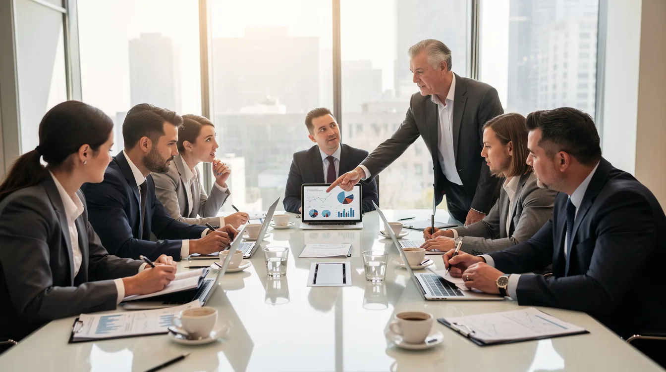 A group of business professionals is seated around a large conference table, actively discussing their marketing strategy while using laptops and notebooks. Coffee cups are scattered across the table, highlighting their focus on enhancing marketing efforts and generating leads through effective B2B digital marketing channels.