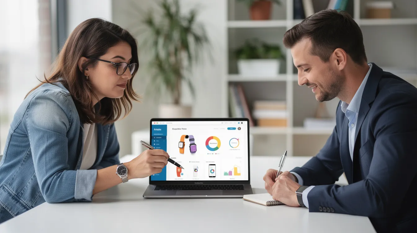 A designer and a sales colleague are collaborating over a laptop screen, discussing sales and marketing alignment strategies. They appear focused on improving their marketing efforts and sales outcomes, reflecting a strong partnership between the marketing and sales teams.