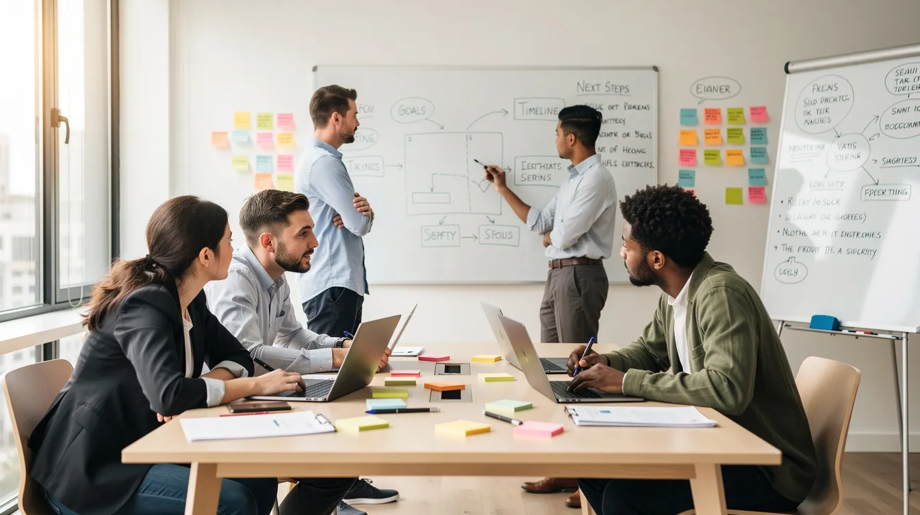 A small team is engaged in a planning discussion in a bright office space, with whiteboards filled with notes and diagrams visible in the background. This setting highlights the collaboration of sales and marketing teams as they strategize on lead generation and business development initiatives.