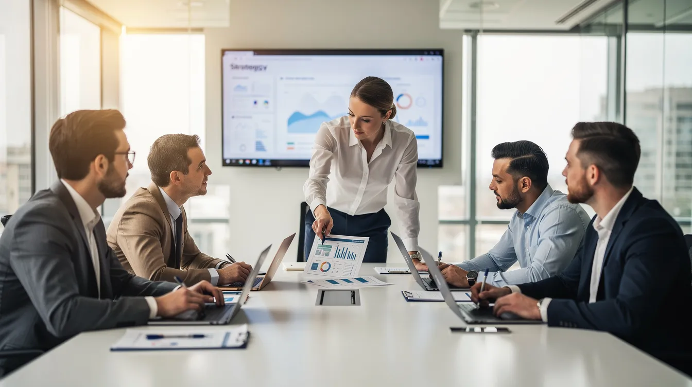 The image depicts a collaborative team gathered around a conference table, actively engaged in a strategy session with laptops and notepads. This setting highlights the importance of teamwork in enhancing sales performance and developing effective sales strategies for business growth.