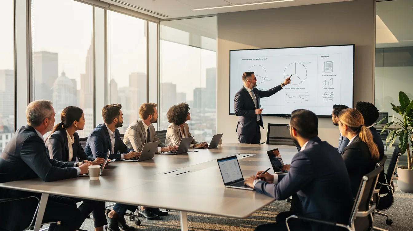 The image shows a diverse group of professionals engaged in a collaborative meeting around a conference table, discussing strategies for account based marketing and how to align their sales and marketing teams to effectively target key accounts. The atmosphere is focused and dynamic, highlighting the importance of teamwork in driving business growth and enhancing customer engagement.