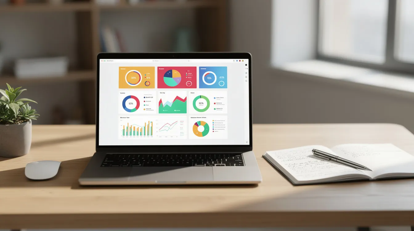 The image depicts a modern desk setup featuring a laptop showcasing analytics dashboards, a notebook, and a pen, symbolizing the integration of technology and human strategy in effective marketing efforts. This scene reflects the importance of a well-crafted marketing strategy that balances data-driven insights with creative content marketing approaches to engage target audiences.