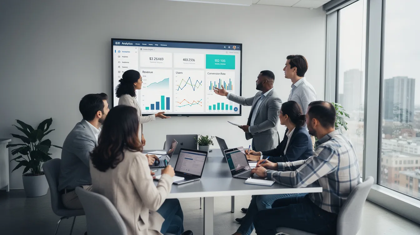 A diverse modern team is gathered around a large screen, collaboratively analyzing a shared dashboard that displays key performance indicators related to their sales and marketing alignment efforts. The atmosphere reflects a focus on driving revenue growth through effective strategies and insights from both sales and marketing teams.