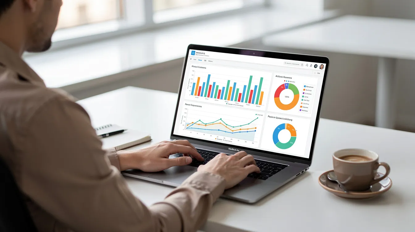 A person is focused on a laptop at a tidy desk, sipping coffee while reviewing data charts that likely pertain to their sales process. This scene captures the essence of appointment setting services, emphasizing the importance of qualified leads and effective lead generation strategies for UK businesses.