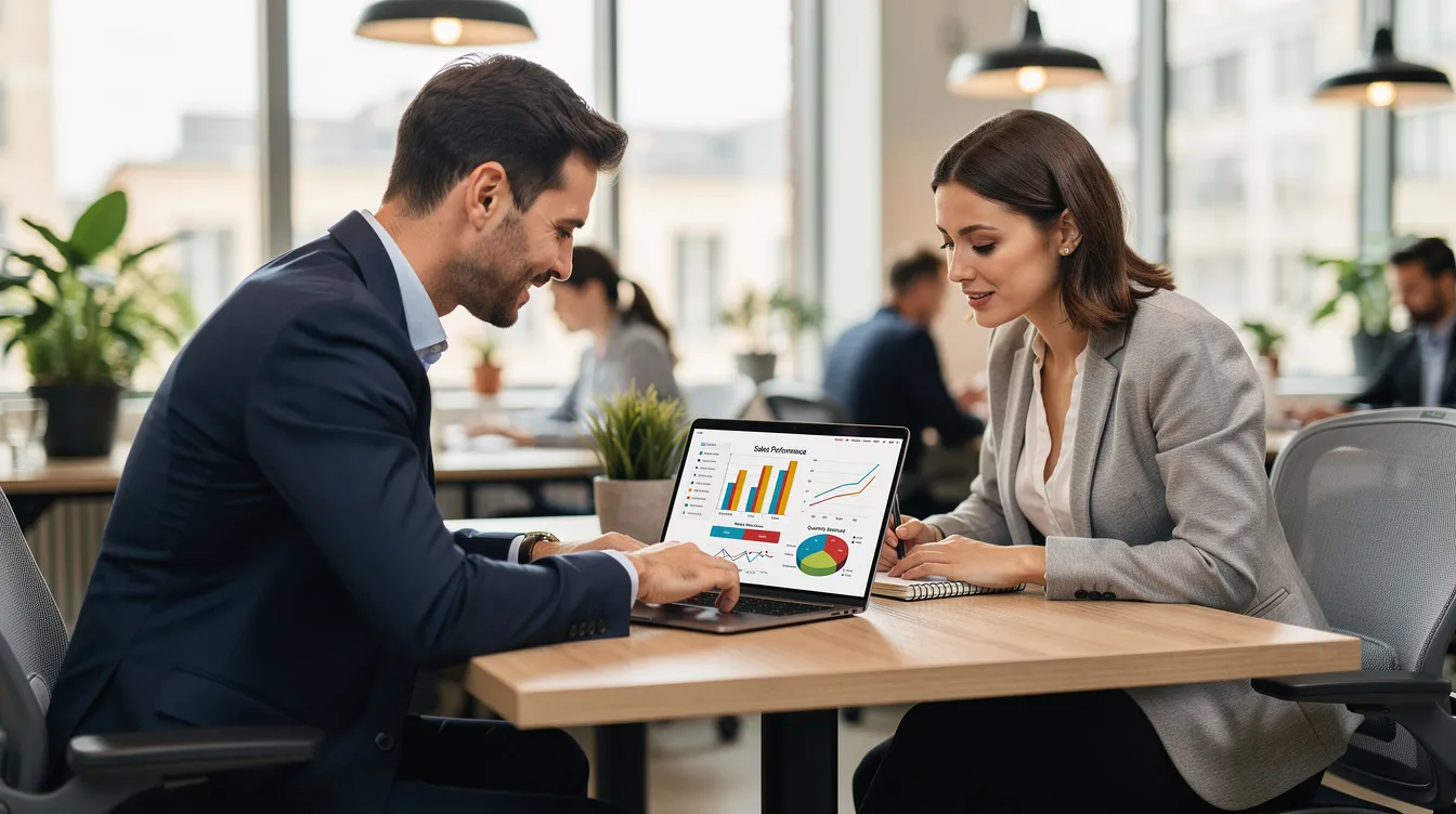 Two business professionals are intently reviewing sales data on a laptop in a modern co-working space, demonstrating collaboration that can enhance their sales strategy and drive business growth. The scene reflects the importance of effective sales processes and the role of outsourced sales teams in optimizing sales performance.