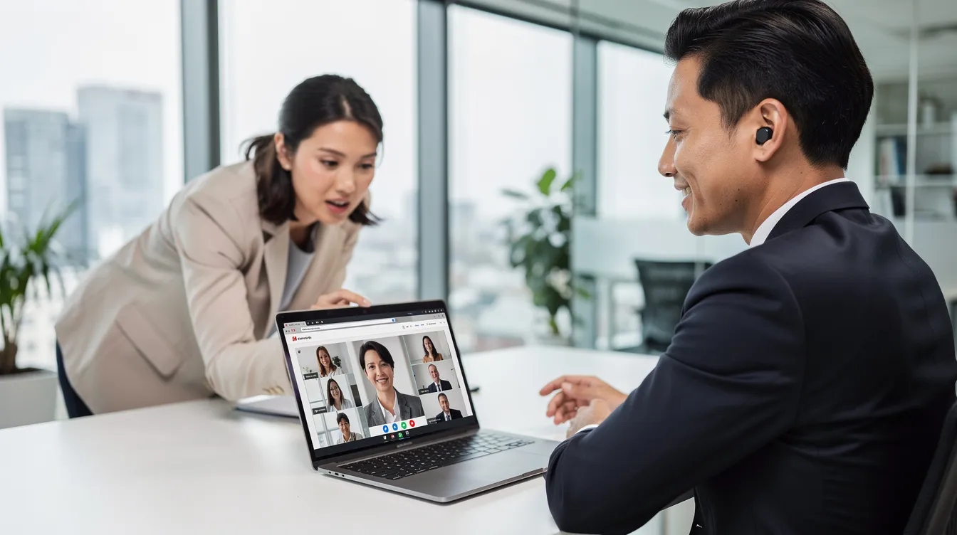 The image shows two business professionals engaged in a video call on a laptop in a modern office setting, likely discussing the appointment setting process and scheduling meetings with prospective clients. Their focused expressions suggest a meaningful conversation aimed at improving the sales pipeline and closing deals.