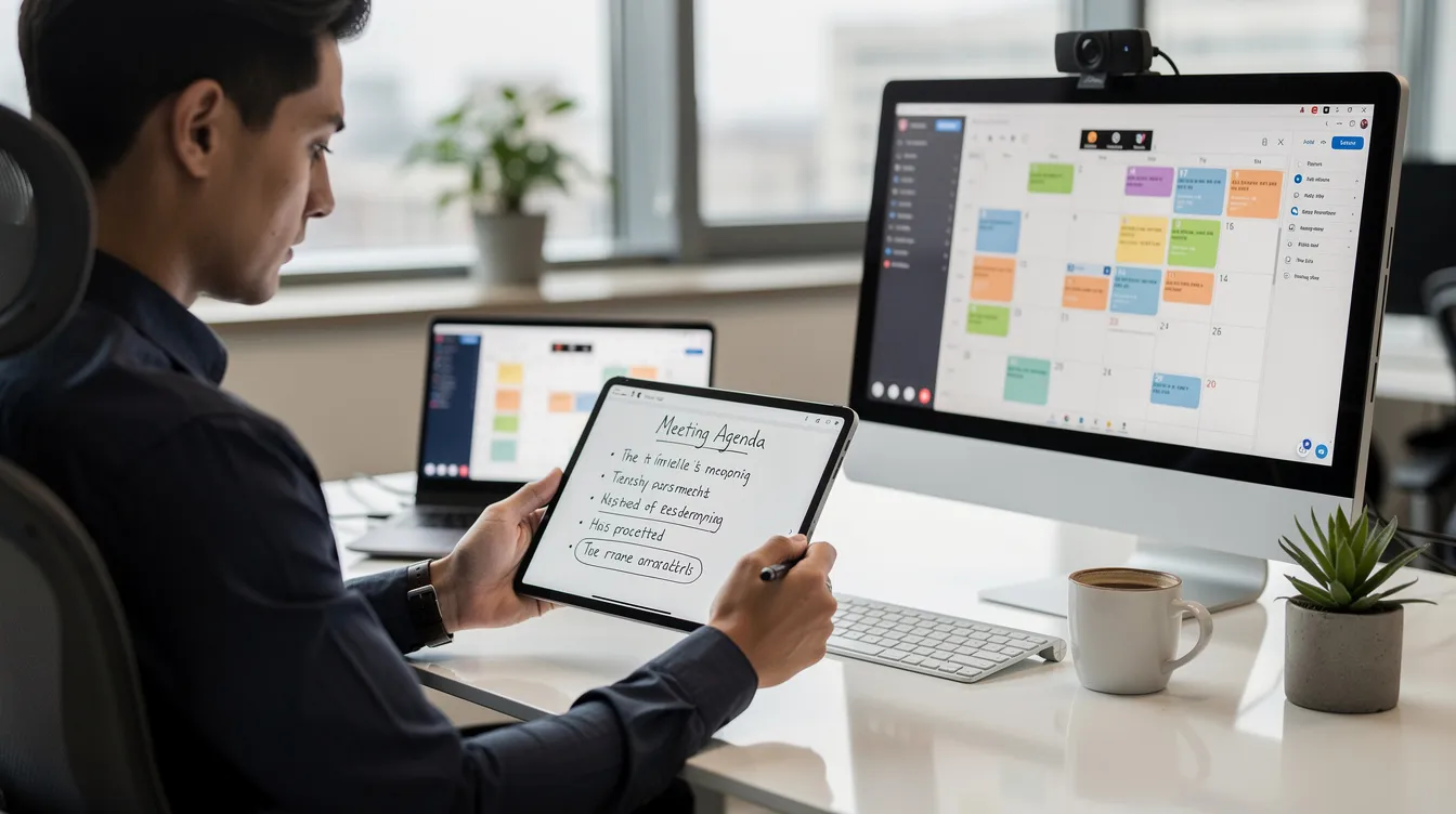 A healthcare professional sits at a desk, reviewing notes on a tablet in preparation for a video call, while a calendar displaying appointment slots is visible on a second screen. This setup highlights the use of online services for managing multiple clients and scheduling appointments efficiently.