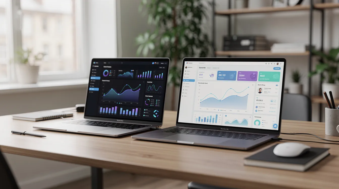 The image features a modern workspace with multiple laptops open, showcasing various data dashboards and analytics screens that are essential for sales and marketing teams. This setup highlights the importance of account based marketing strategies and tools in tracking key accounts and enhancing marketing efforts for high value target accounts.