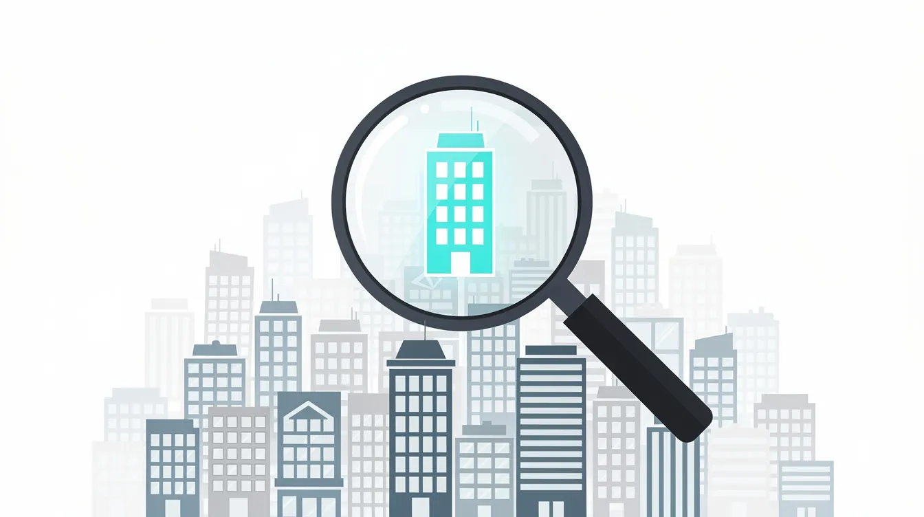 The image depicts a magnifying glass focused on a cluster of small building icons, symbolizing the process of targeted account selection in account based marketing. This visualization highlights the importance of identifying high value accounts and aligning marketing strategies to effectively engage key customers within a broad market.