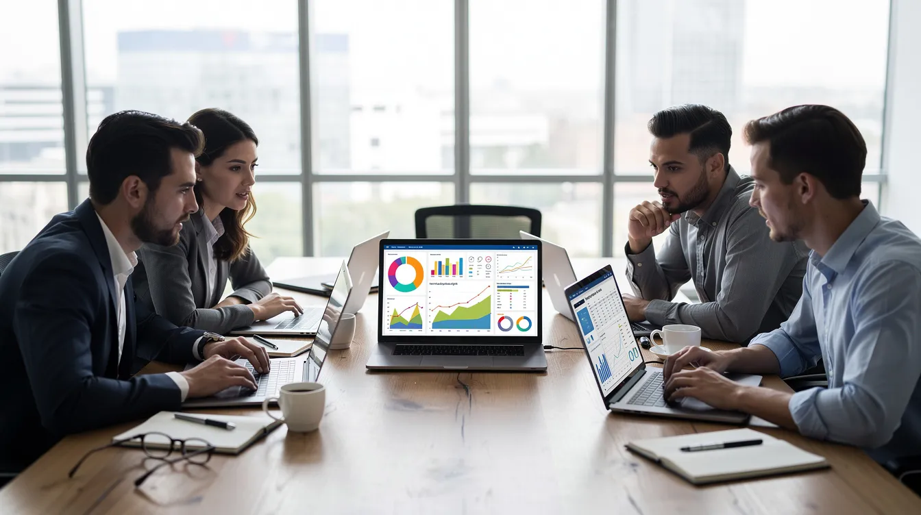 A diverse team collaborates around a table, each member focused on their laptops as they review data displayed on the screens. This scene captures the essence of business development and lead generation, showcasing how sales and marketing teams work together to analyze information and strategize for successful telemarketing campaigns.