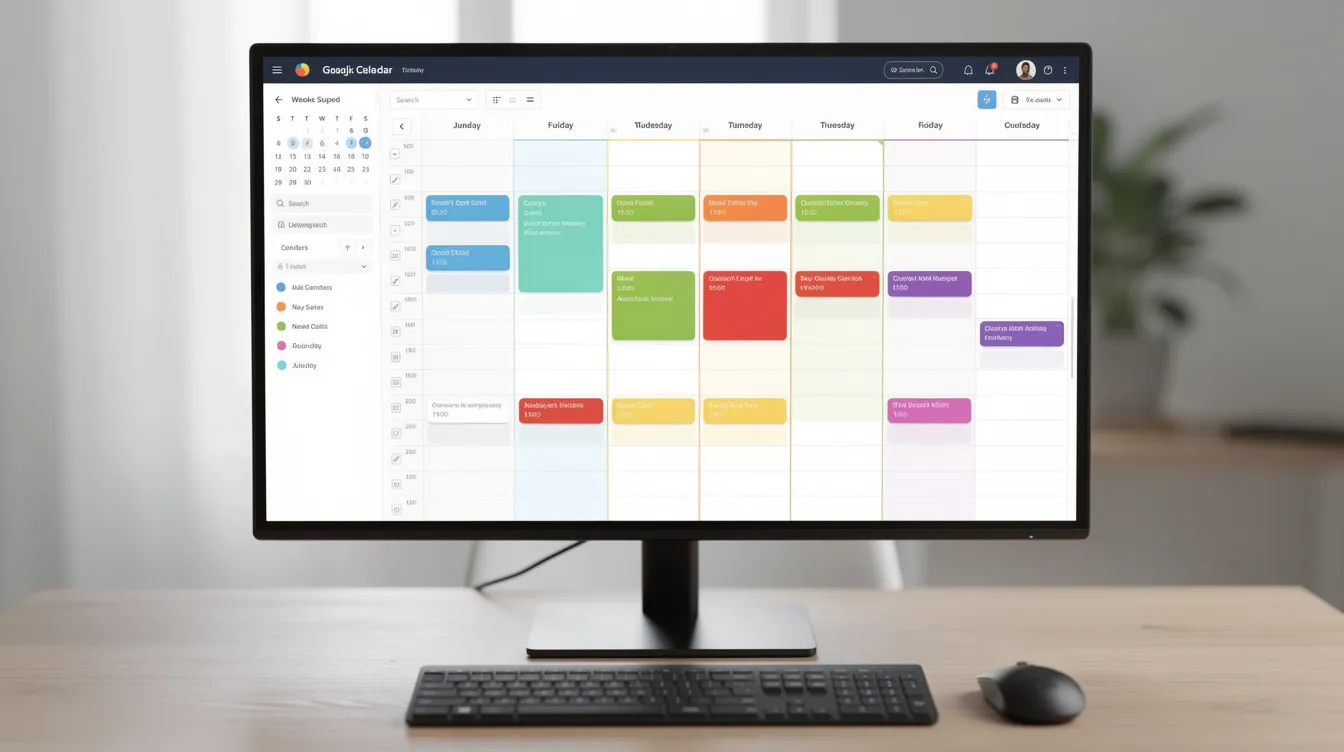 The image shows a desktop monitor displaying a calendar application filled with color-coded appointment blocks, indicating available time slots for patients to book appointments with healthcare professionals. This online booking system allows users to manage their appointments efficiently, ensuring they can access services like GP appointments and consultations with ease.