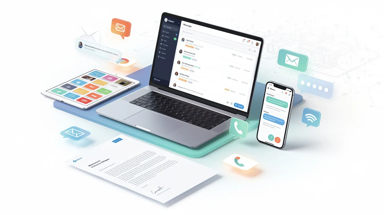 The image depicts multiple overlapping communication devices, including a laptop, tablet, and phone, alongside a letter, symbolizing the concept of multichannel outreach in account based marketing. This visual representation highlights the integration of various marketing strategies aimed at engaging target accounts and enhancing customer relationships.