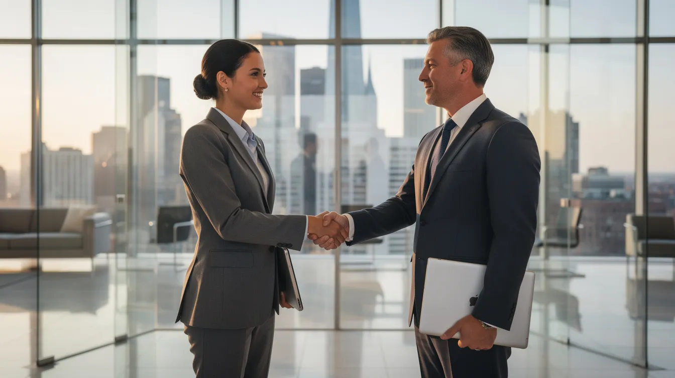 In a modern glass-walled office, two business professionals are shaking hands, symbolizing a successful partnership. The city skyline is visible in the background, highlighting the importance of appointment setting services in connecting with senior decision makers and potential clients for revenue growth.