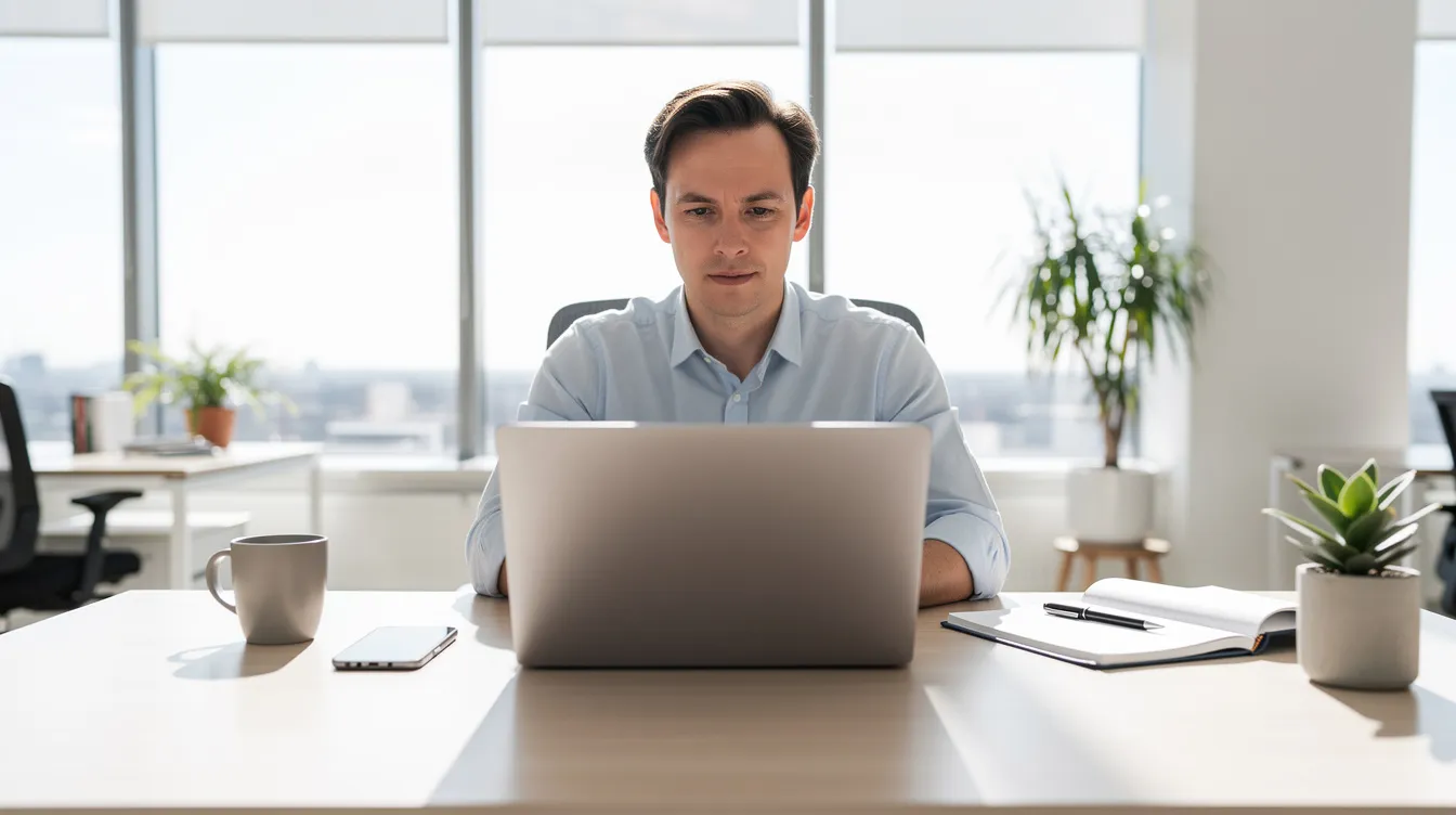 A person is seated at a desk in a bright office, working on a laptop while surrounded by a phone and a notepad, likely engaged in the appointment setting process to schedule meetings with prospective clients. The environment suggests a focus on sales strategy and effective communication for high-quality appointments.