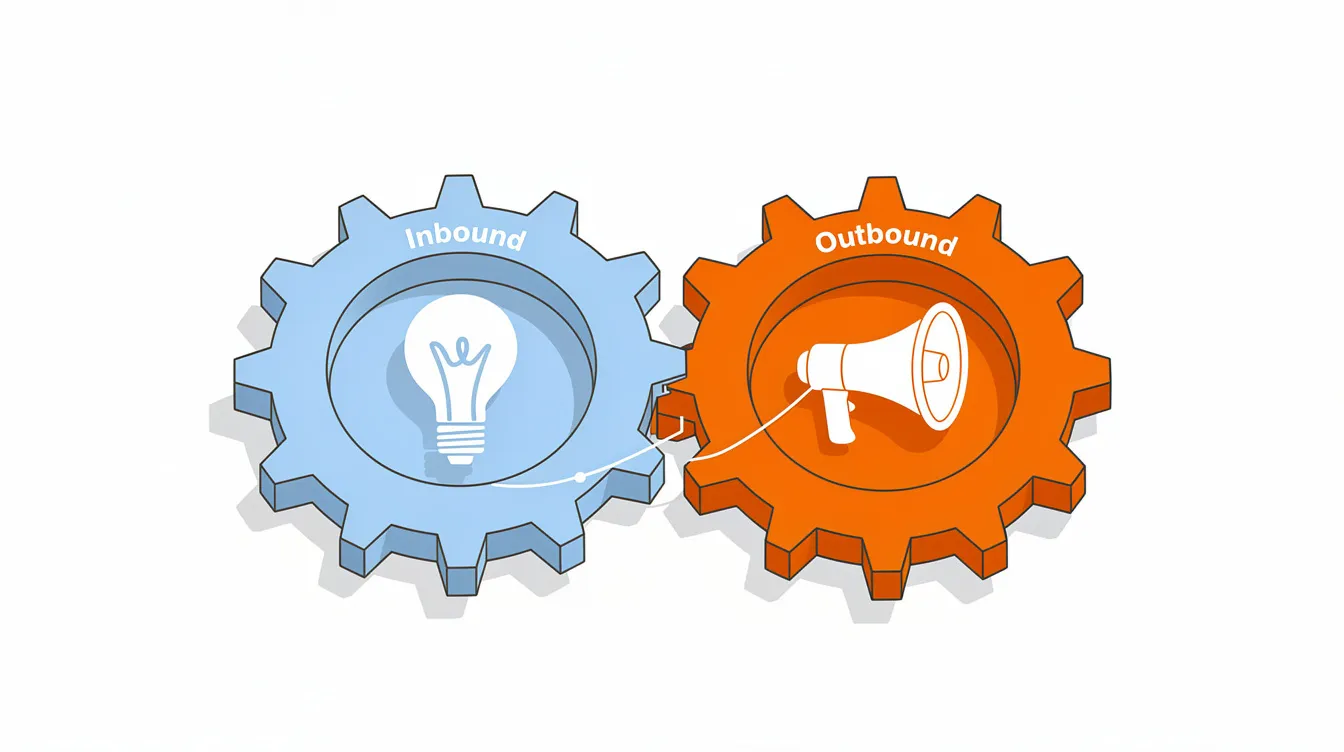The image depicts two interlocking gears, one featuring a lightbulb symbolizing innovative ideas in content marketing, and the other a megaphone representing outbound marketing efforts. This visual illustrates the synergy between inbound and outbound strategies essential for a successful B2B marketing plan aimed at generating leads and building brand awareness.