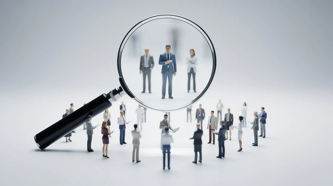 A magnifying glass hovers above a collection of miniature business figures, representing the critical process of identifying target customers in a B2B marketing strategy. This image symbolizes the importance of focused marketing efforts to generate leads and build brand awareness among potential buyers.