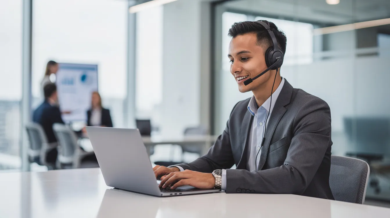 A professional wearing a headset is making a phone call in a modern office, with a laptop open in front of them, suggesting an active engagement in telemarketing services or lead generation. This setting reflects a typical environment for sales and marketing teams focused on closing sales and connecting with key decision makers.