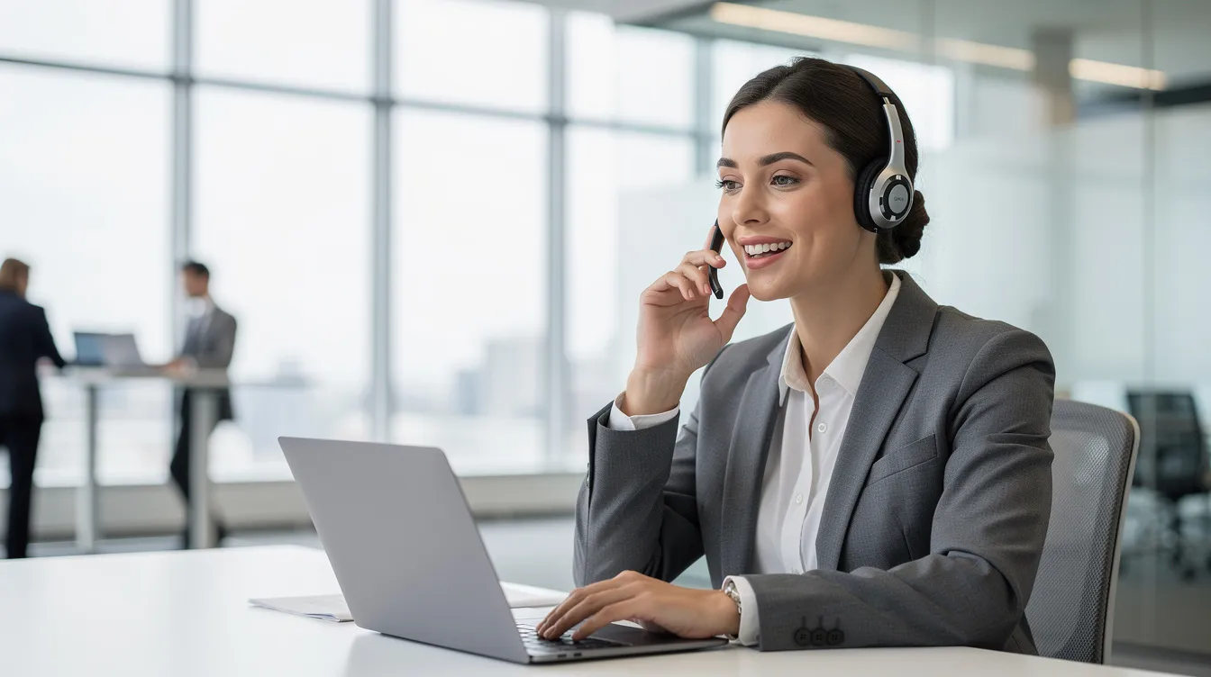 A focused sales professional is speaking on a headset in a modern office environment, demonstrating effective communication skills essential for aligning sales and marketing teams. The atmosphere reflects a commitment to driving revenue growth and enhancing customer success through impactful sales strategies.