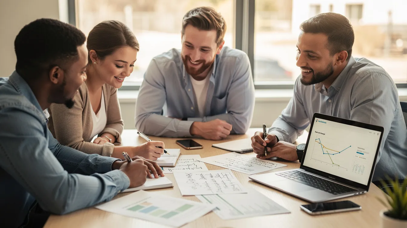 A small business team gathers around a table, reviewing notes and discussing strategies to enhance their sales and marketing alignment. The group includes marketing professionals and sales reps, collaborating to improve their marketing efforts and drive revenue growth.