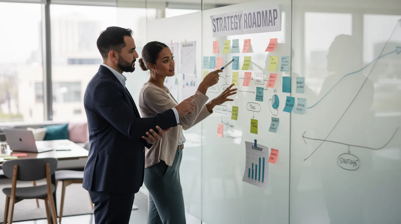 The image depicts two professionals collaborating on a strategy board in a modern office, discussing their account-based marketing strategy to enhance sales and marketing efforts. They are likely identifying target accounts and planning personalized campaigns to engage key decision makers and high-value customers.