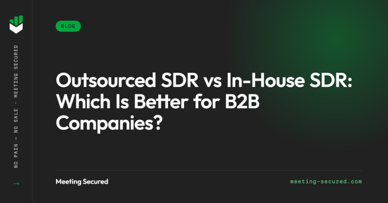 Meeting Secured featured image with the title "Outsourced SDR vs In-House SDR: Which Is Better for B2B Companies?" on a dark background.